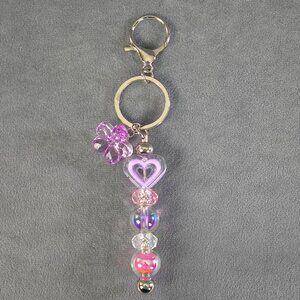 Purple Heart w/ Flower Charm Beaded Keychain w/ Round Lobster Clasp & Split Ring